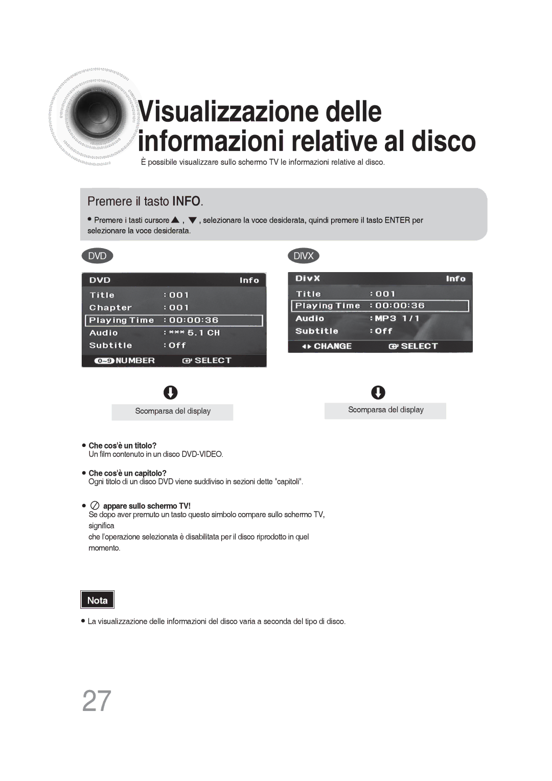 Samsung MM-DG36R/XET manual Visualizzazione delle informazioni relative al disco, Premere il tasto Info 