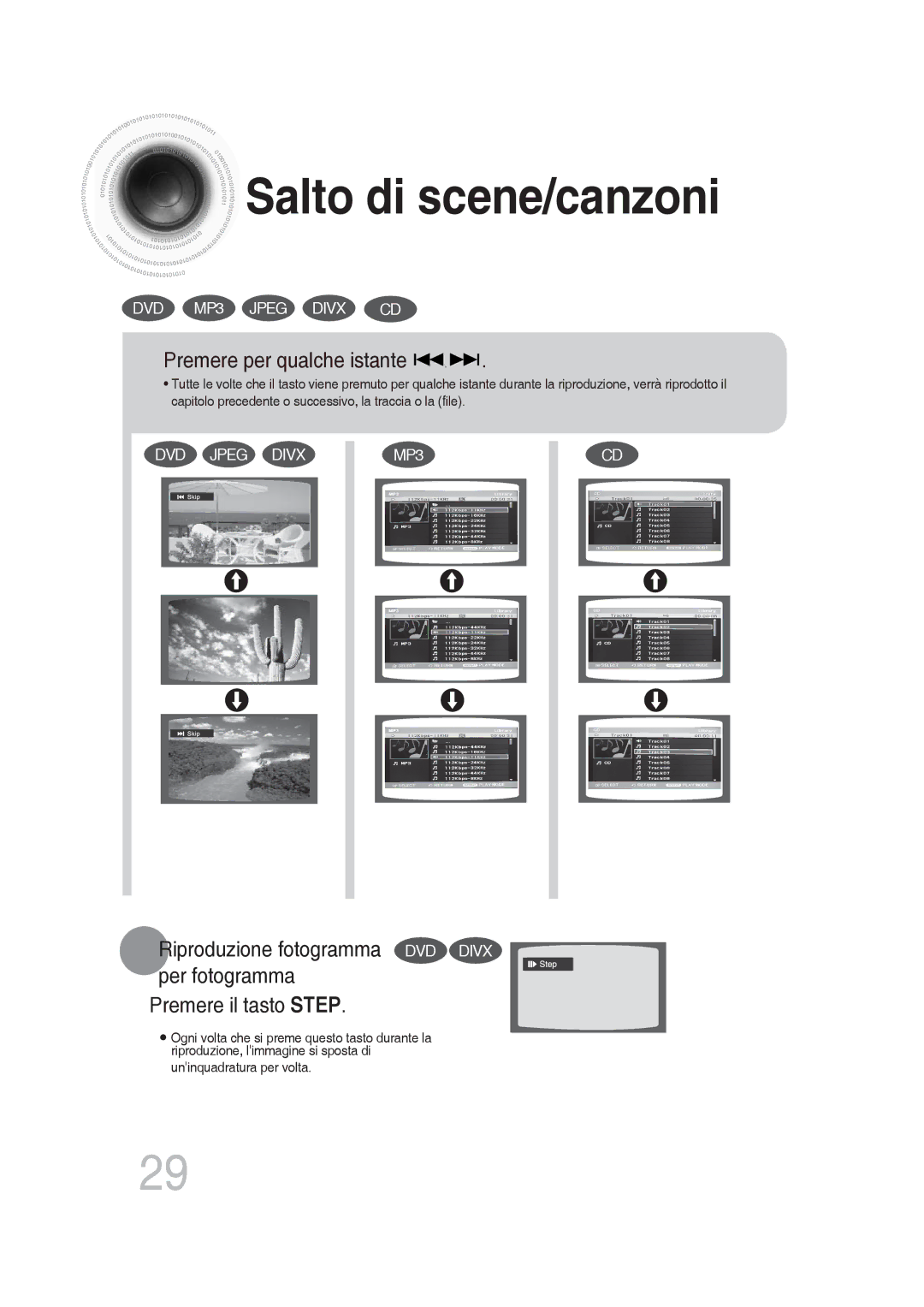 Samsung MM-DG36R/XET manual Salto di scene/canzoni, Premere per qualche istante 