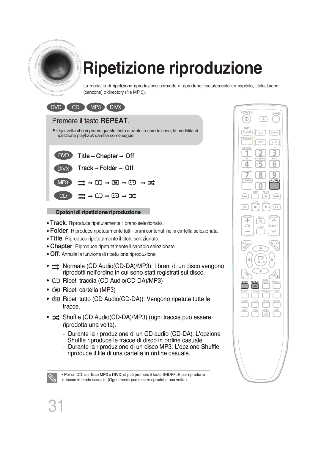 Samsung MM-DG36R/XET manual Ripetizione riproduzione, Premere il tasto Repeat 