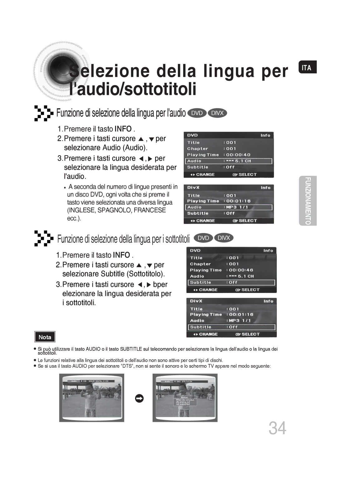 Samsung MM-DG36R/XET Selezione della lingua per laudio/sottotitoli, Funzione di selezione della lingua per laudio DVD Divx 