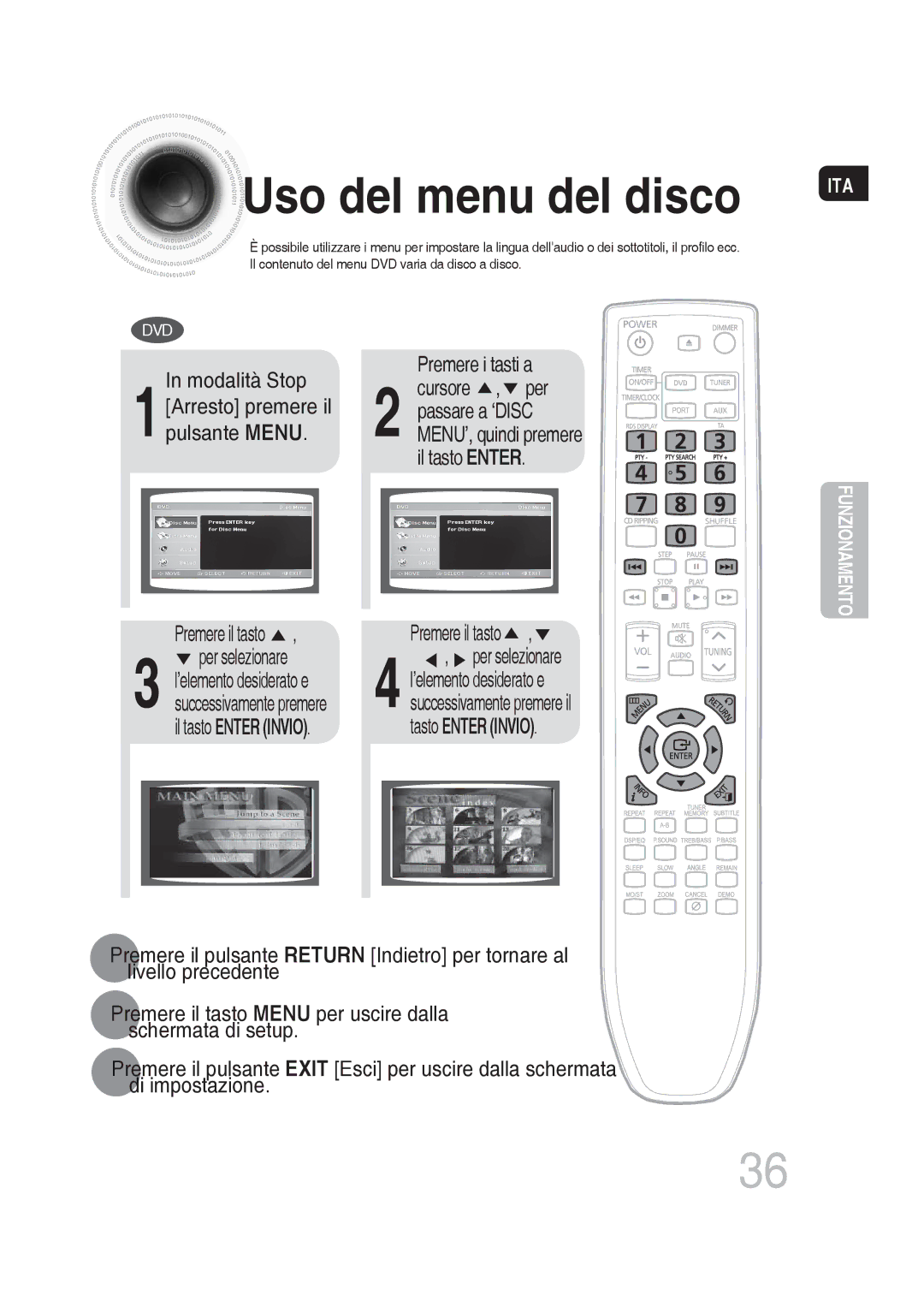 Samsung MM-DG36R/XET manual Uso del menu del disco, Modalità Stop, Premere i tasti a 