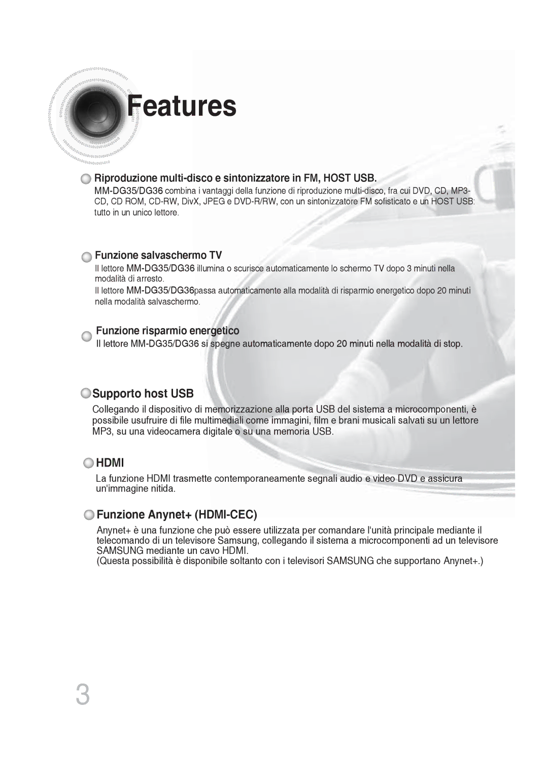 Samsung MM-DG36R/XET manual Features, Riproduzione multi-disco e sintonizzatore in FM, Host USB 