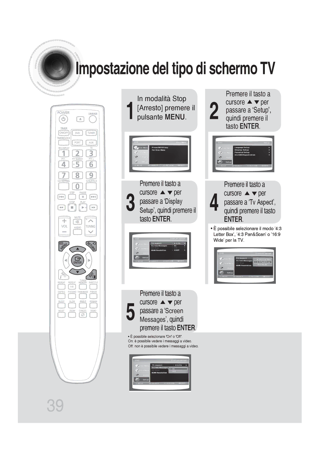 Samsung MM-DG36R/XET manual Impostazione del tipo di schermo TV, Premere il tasto a Cursore per 