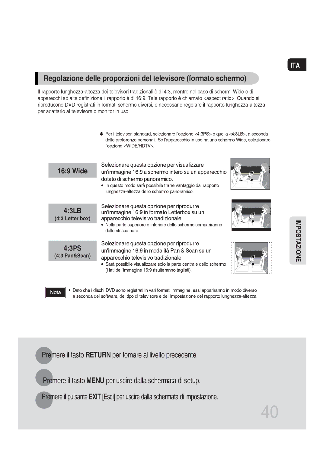 Samsung MM-DG36R/XET manual Regolazione delle proporzioni del televisore formato schermo 