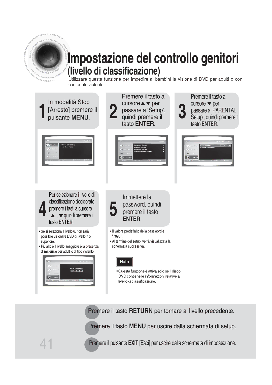 Samsung MM-DG36R/XET manual Impostazione del controllo genitori, Immettere la 