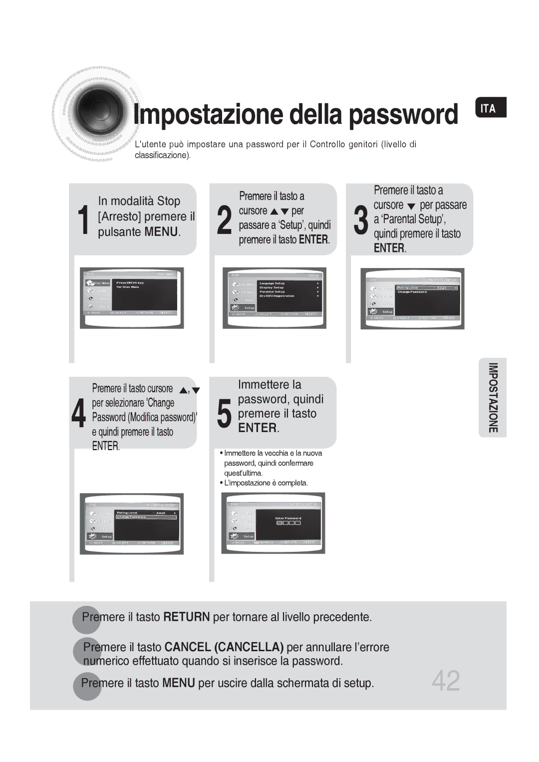 Samsung MM-DG36R/XET manual Impostazione della password ITA, Numerico effettuato quando si inserisce la password 