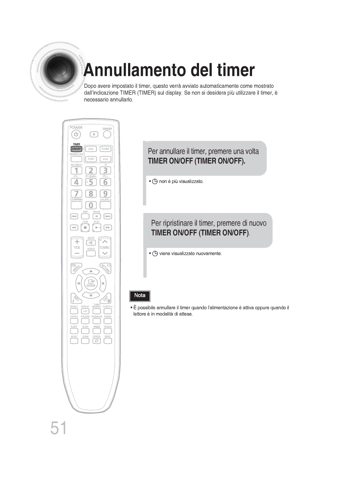 Samsung MM-DG36R/XET manual Annullamento del timer, Per annullare il timer, premere una volta 