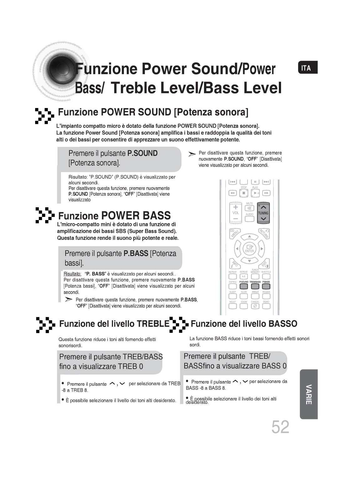 Samsung MM-DG36R/XET manual Bass/ Treble Level/Bass Level, Premere il pulsante P.BASS Potenza bassi 