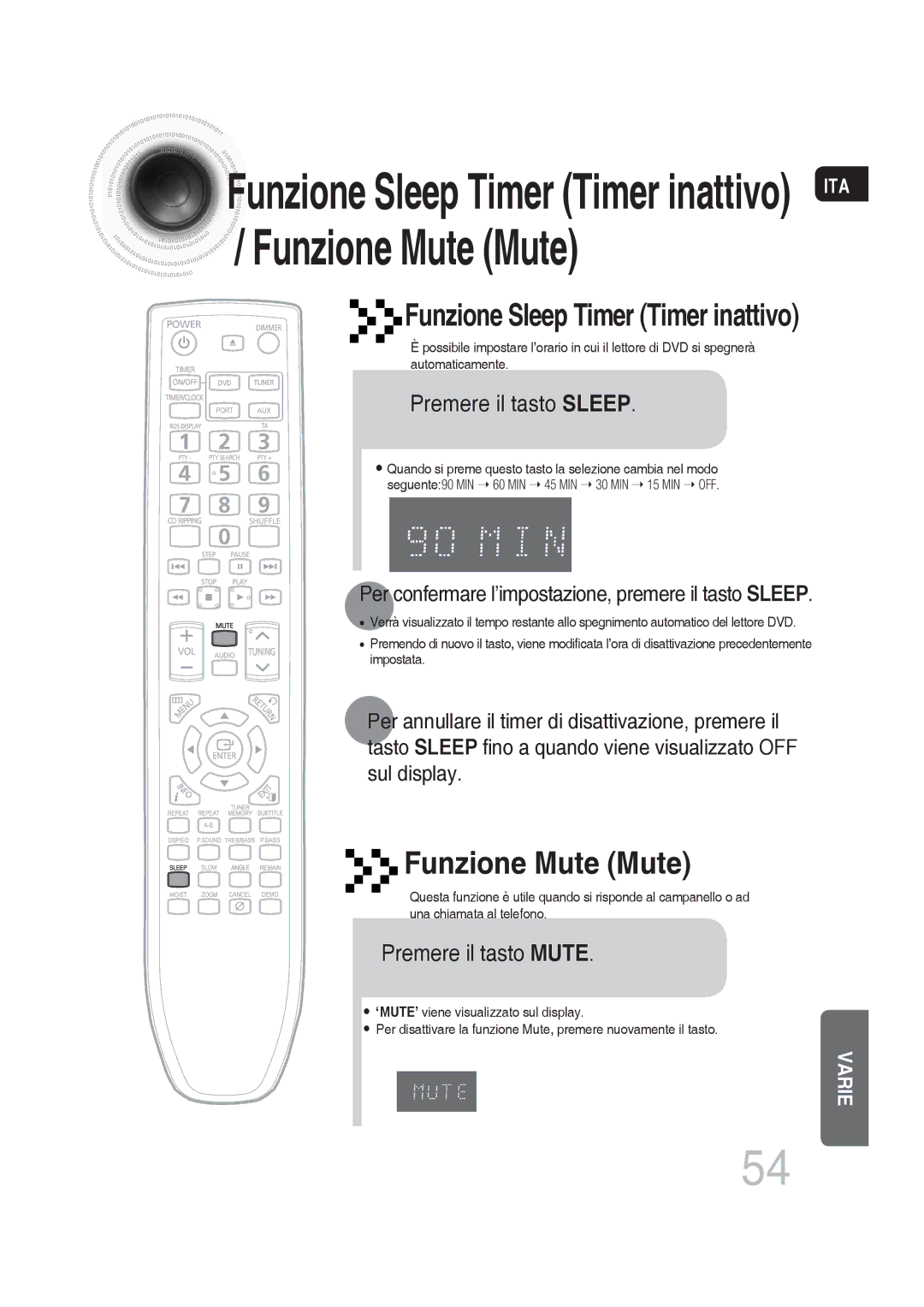 Samsung MM-DG36R/XET manual Funzione Sleep Timer Timer inattivo ITA / Funzione Mute Mute 