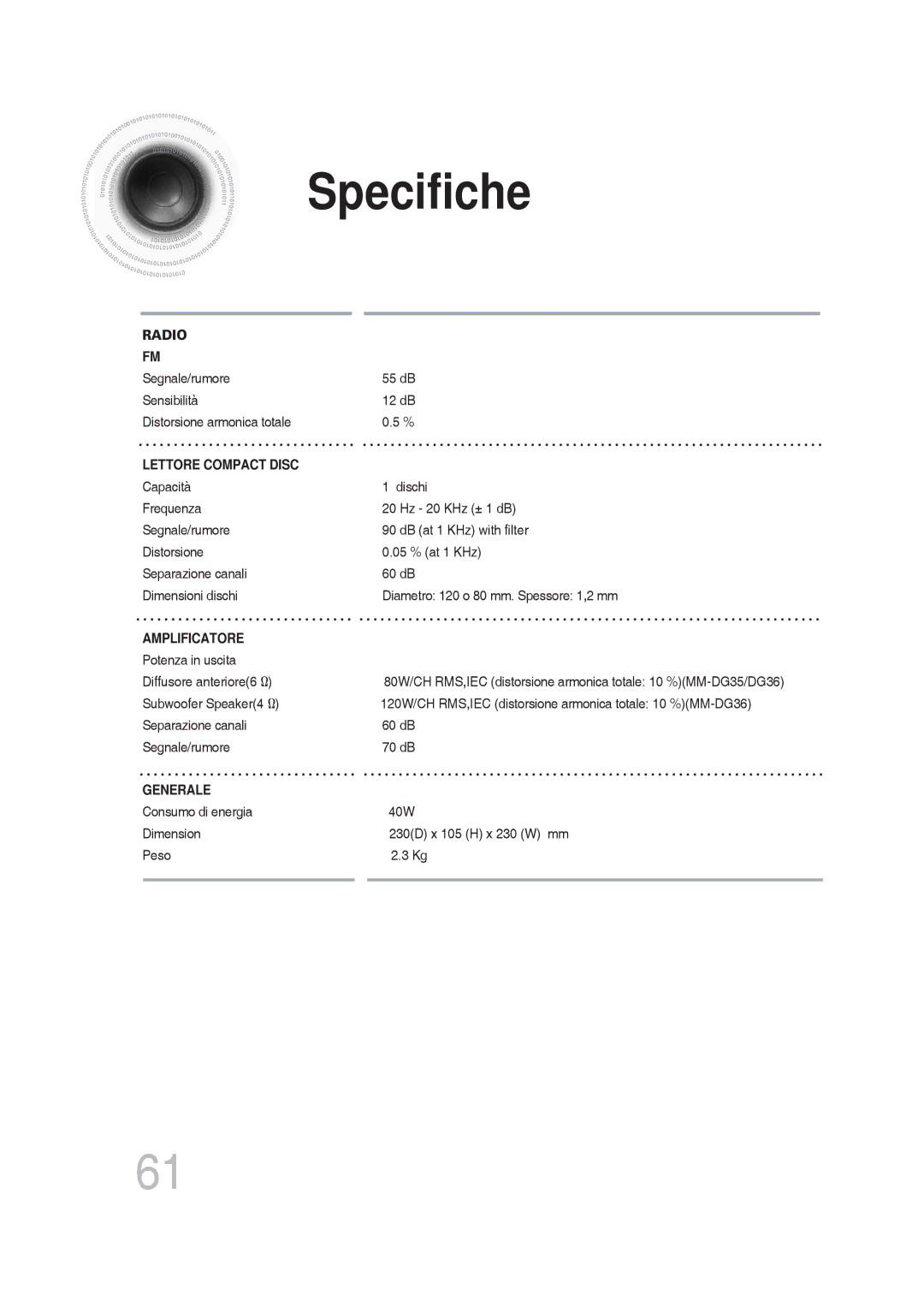 Samsung MM-DG36R/XET manual Specifiche, Lettore Compact Disc 