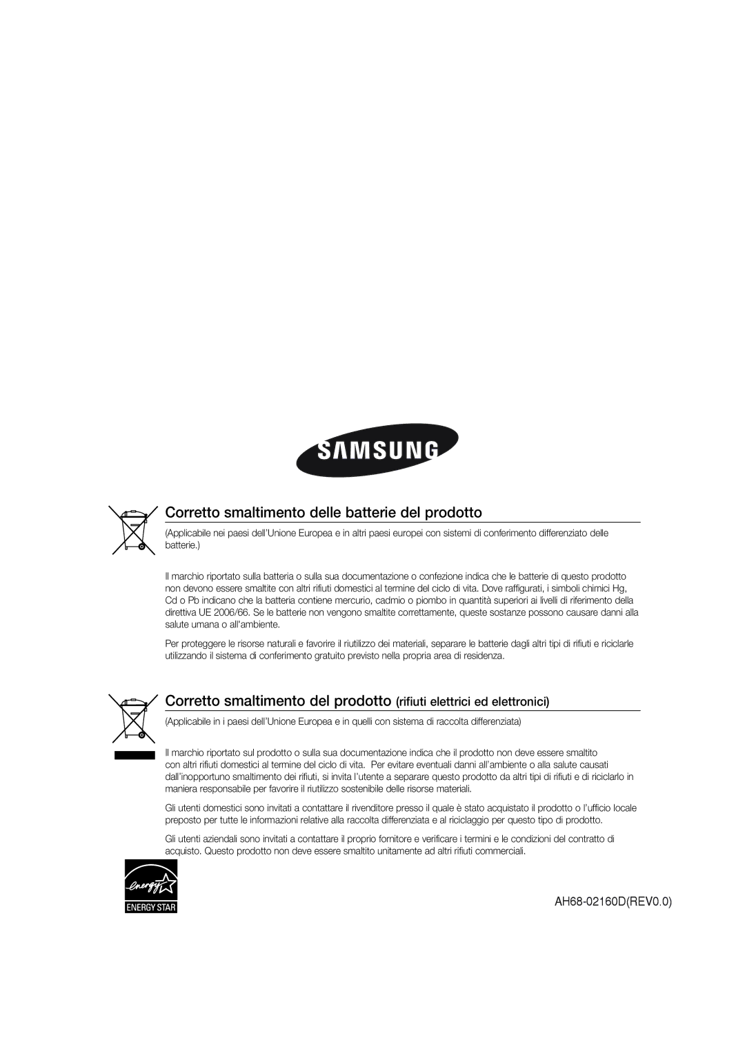 Samsung MM-DG36R/XET manual Corretto smaltimento delle batterie del prodotto 