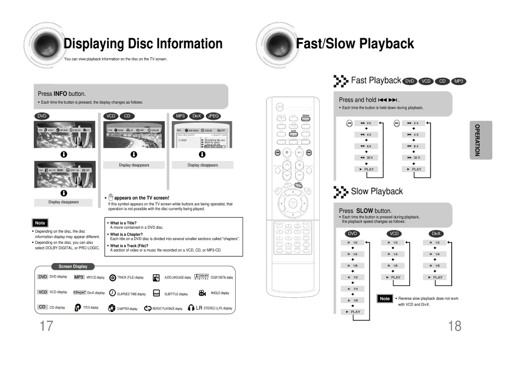 Samsung MM-DS80M Fast/Slow Playback, Displaying Disc Information, Press Info button, Press and hold, Press Slow button 