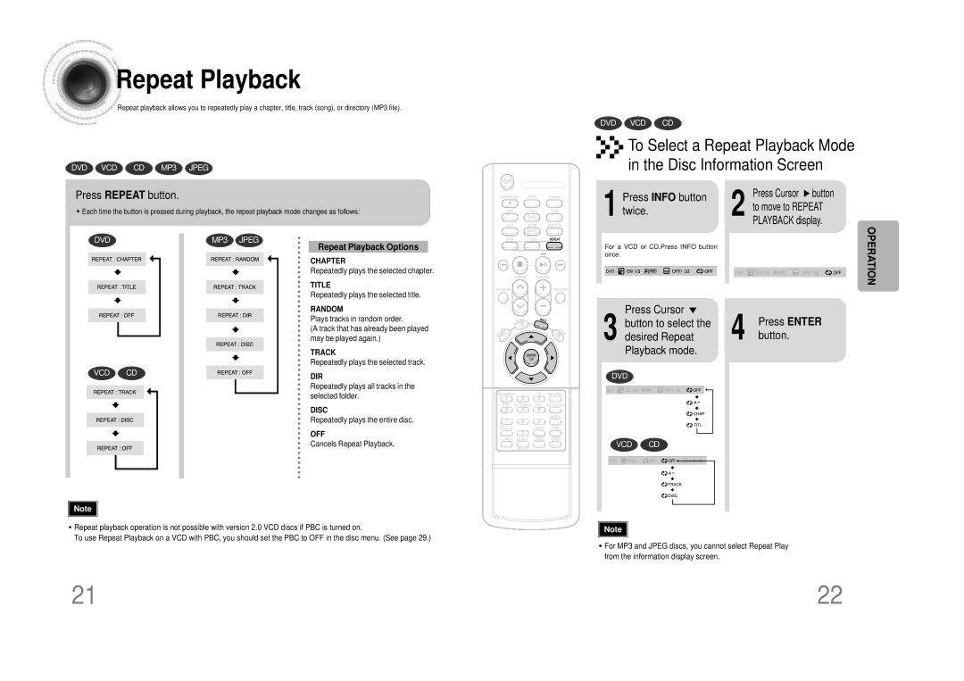 Samsung MM-DS80M instruction manual Repeat Playback, Press Repeat button, Press Info button twice, Press Enter button 