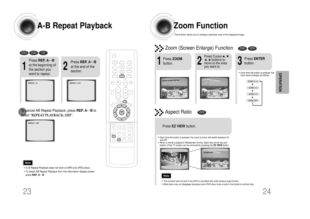 Samsung MM-DS80M Repeat Playback Zoom Function, Press REP. A↔ B, Beginning At the end Section you Want to repeat 