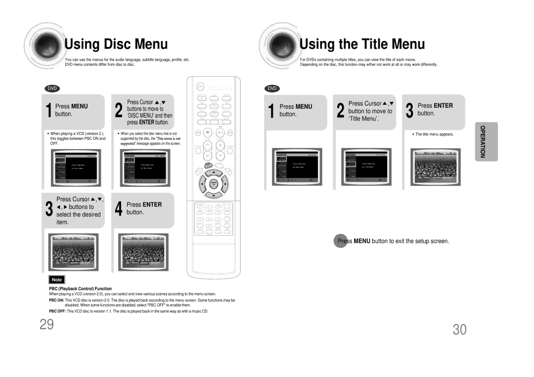 Samsung MM-DS80M instruction manual Using Disc Menu, Using the Title Menu, Press Menu button to exit the setup screen 