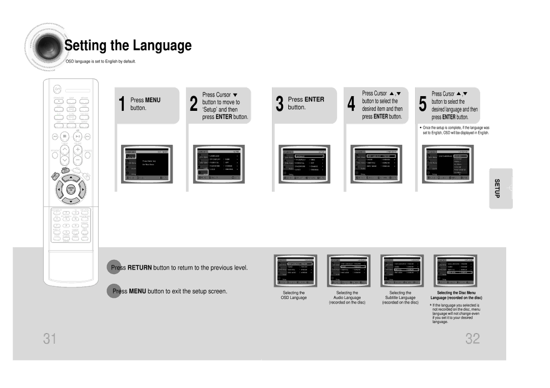 Samsung MM-DS80M instruction manual Setting the Language, Button to move to 