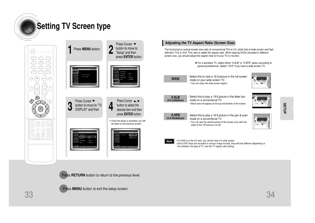 Samsung MM-DS80M instruction manual Adjusting the TV Aspect Ratio Screen Size, Button to select, Desired item and then 