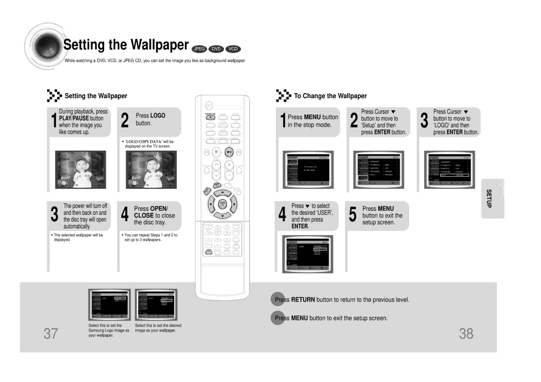 Samsung MM-DS80M instruction manual Setting the Wallpaper Jpeg DVD VCD, Press Open Close to close the disc tray 