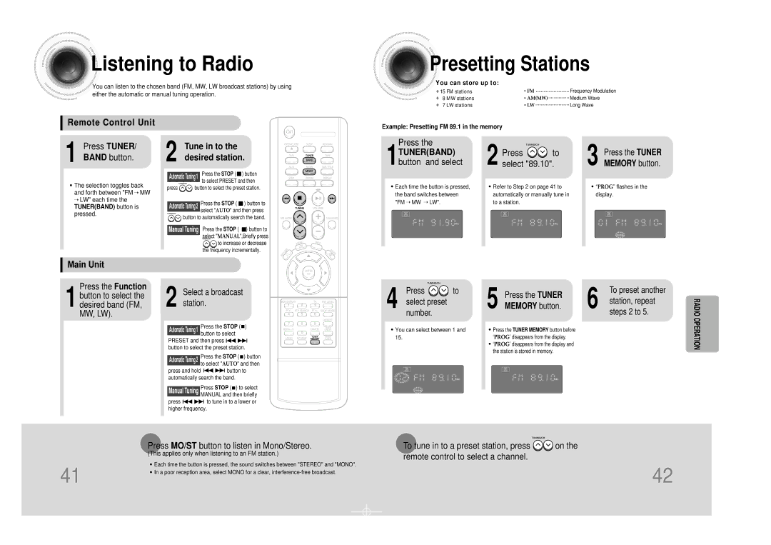 Samsung MM-DS80M Listening to Radio, Presetting Stations, Remote Control Unit, Tune in to the desired station, Main Unit 