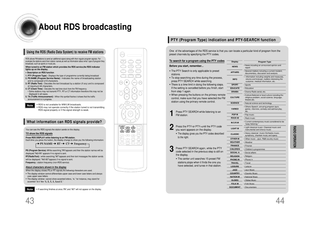 Samsung MM-DS80M instruction manual About RDS broadcasting, PTY Program Type indication and PTY-SEARCH function 