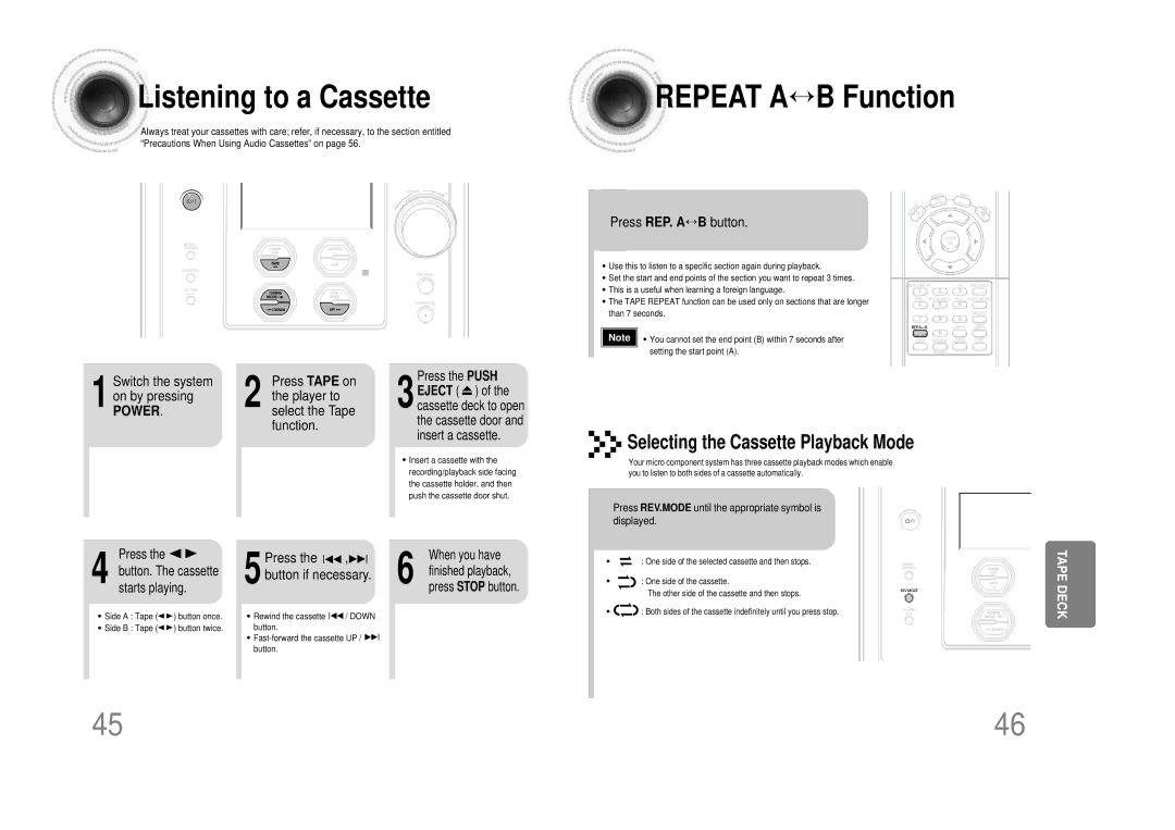 Samsung MM-DS80M instruction manual Listening to a Cassette, Repeat A↔ B Function 