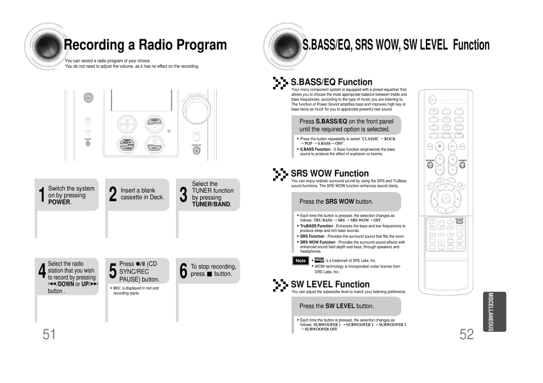 Samsung MM-DS80M Recording a Radio Program, Press the SRS WOW button, Press To stop recording, Pause button Press Button 