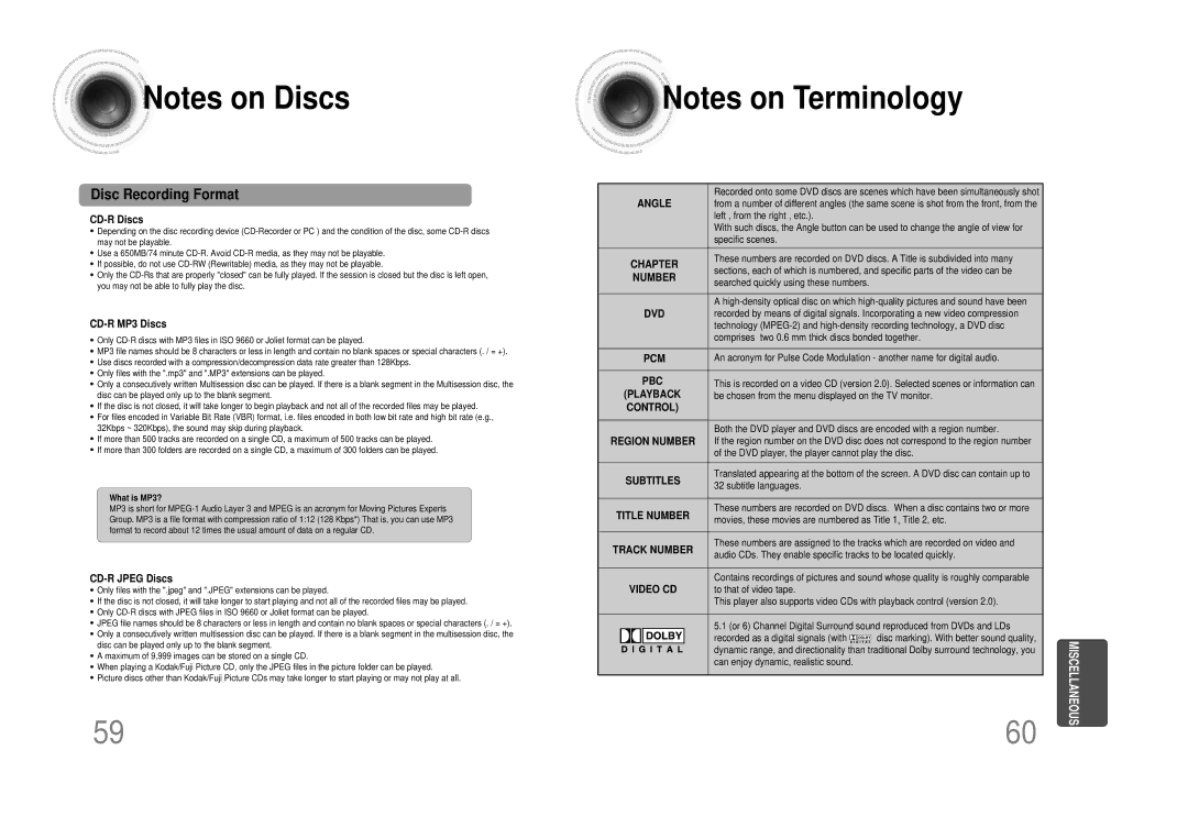 Samsung MM-DS80M instruction manual Disc Recording Format 