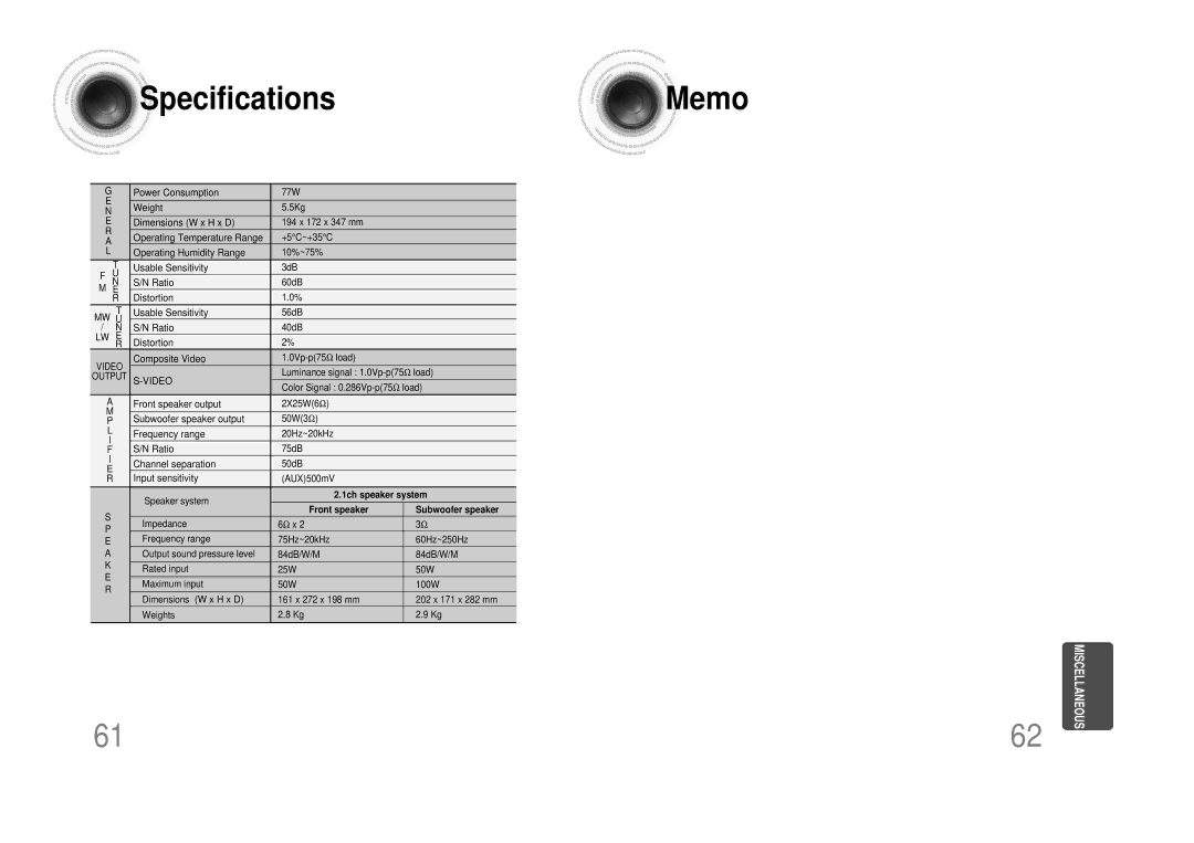 Samsung MM-DS80M instruction manual Specifications 