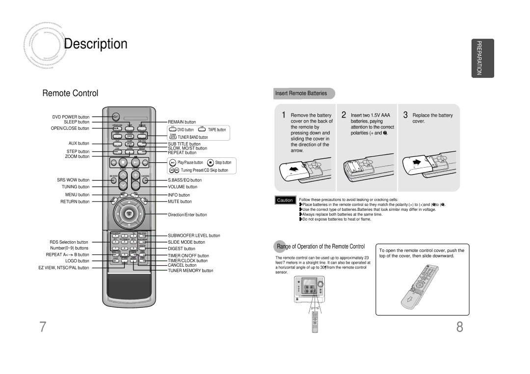 Samsung MM-DS80M instruction manual Range of Operation of the Remote Control 