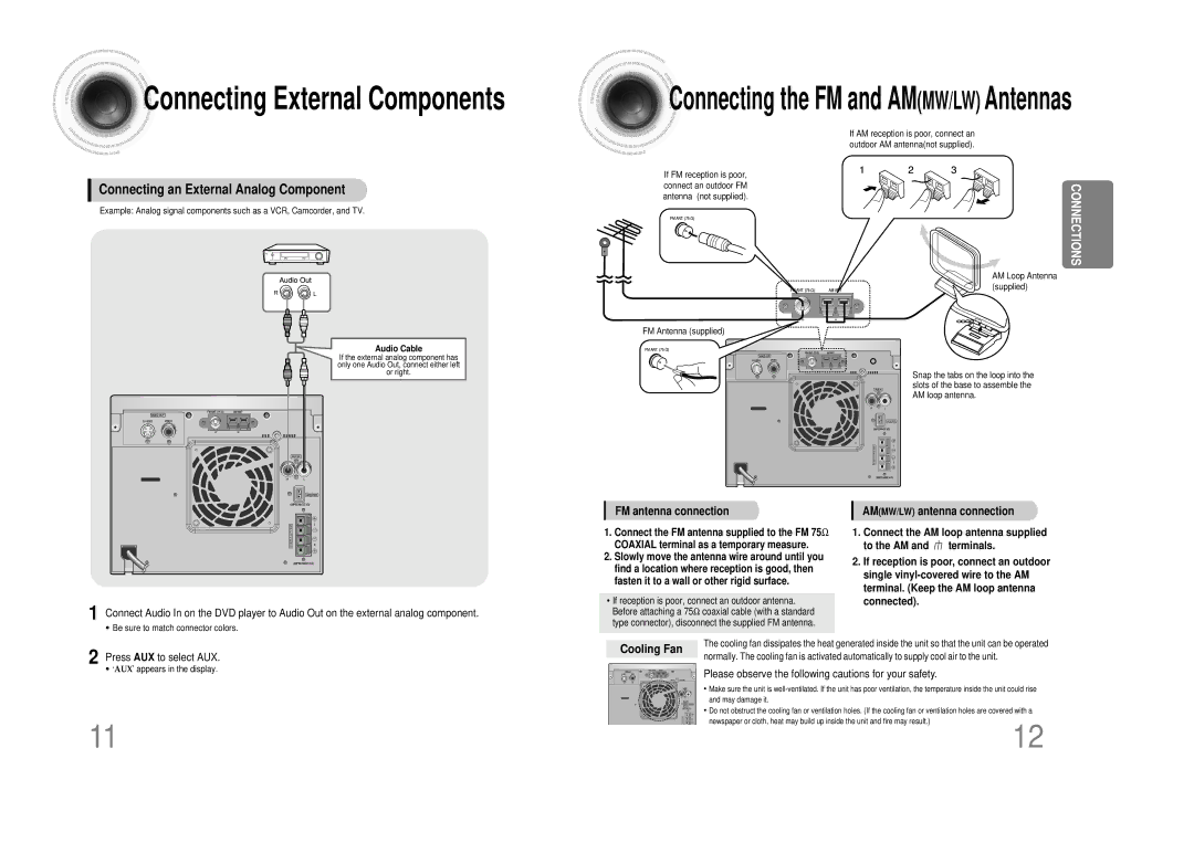Samsung MM-DS80M instruction manual FM antenna connection, AMMW/LW antenna connection, Cooling Fan, Press AUX to select AUX 