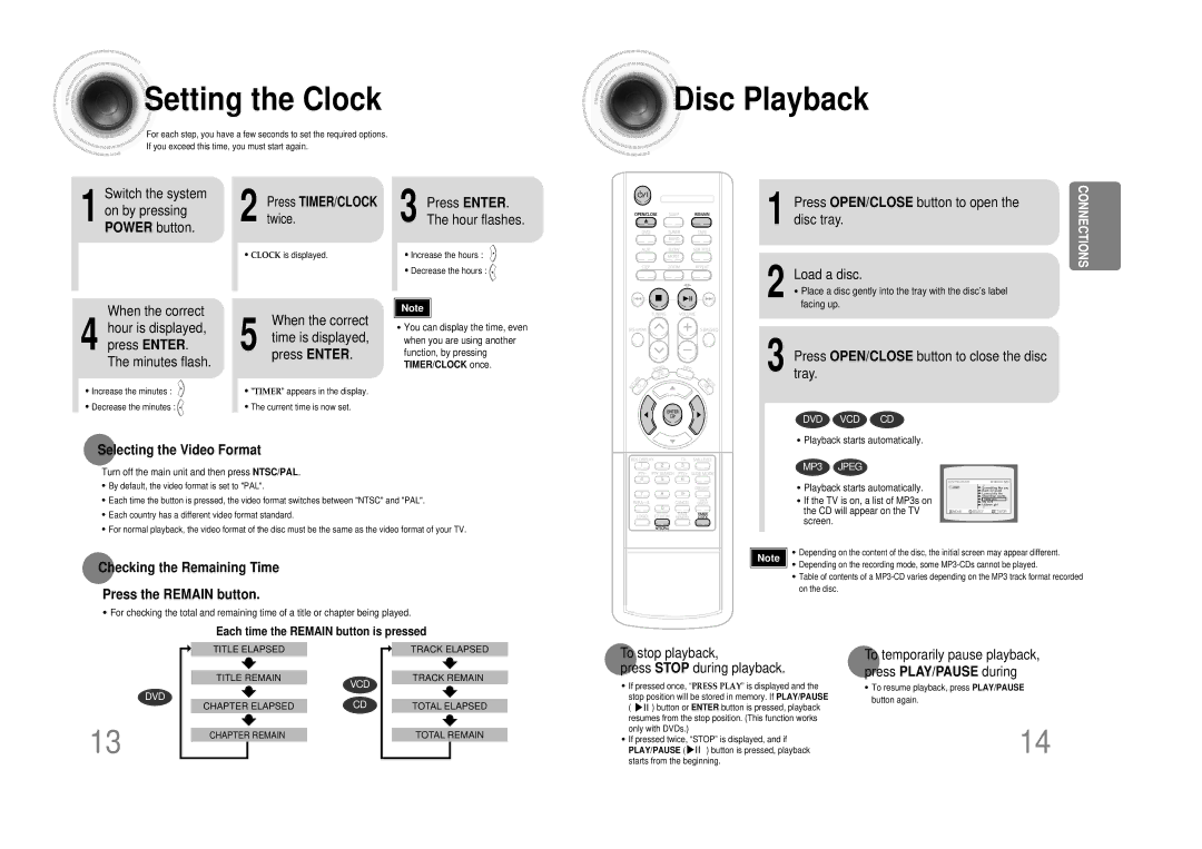 Samsung MM-DS80M instruction manual Setting the Clock, Disc Playback, Selecting the Video Format 