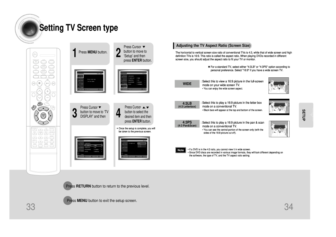 Samsung MM-DS80M Adjusting the TV Aspect Ratio Screen Size, WIDE 4 3LB, 4 3PS, Press MENU button, Setting TV Screen type 