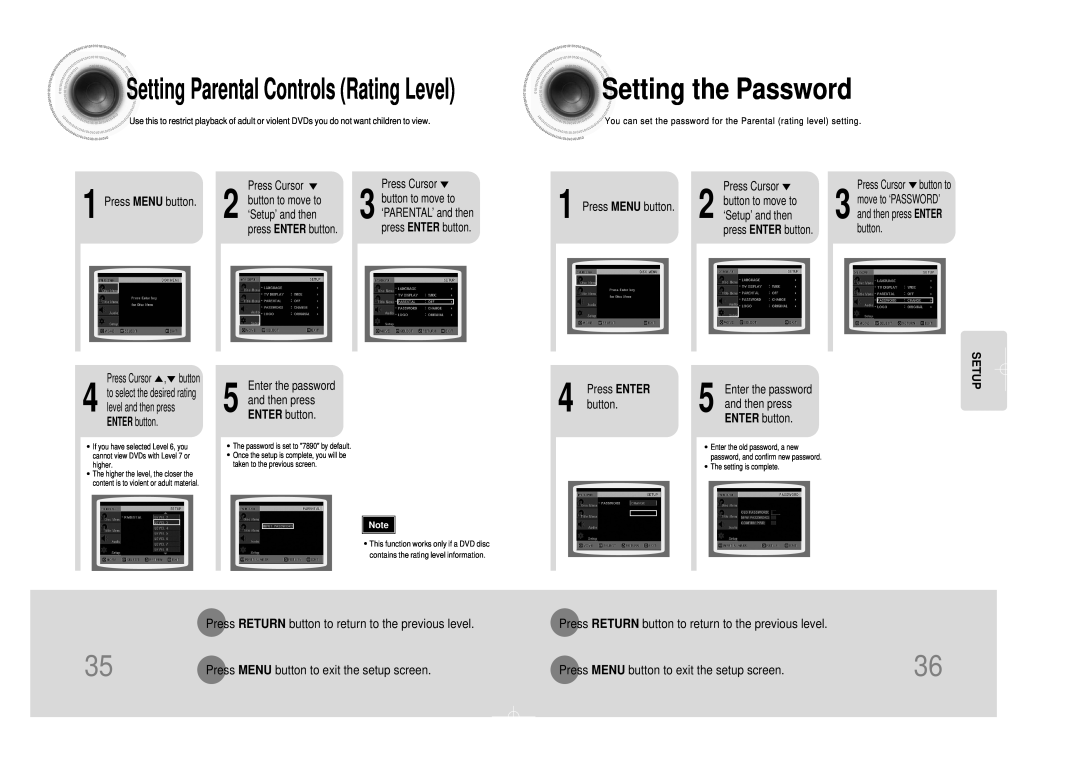 Samsung MM-DS80M instruction manual Setting the Password, Setting Parental Controls Rating Level, Setup 
