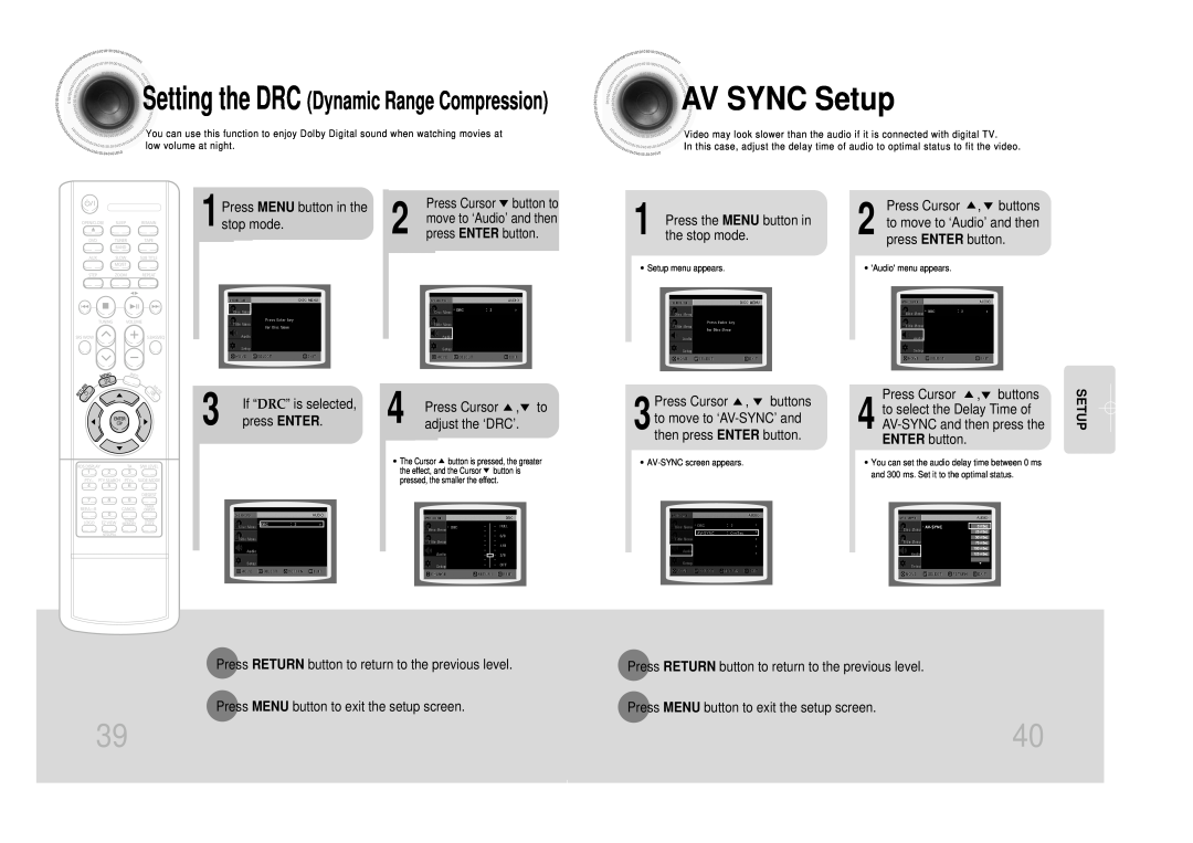 Samsung MM-DS80M instruction manual AV SYNC Setup, Setting the DRC Dynamic Range Compression 