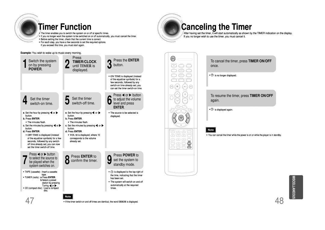 Samsung MM-DS80M instruction manual Timer Function, Canceling the Timer, Power 