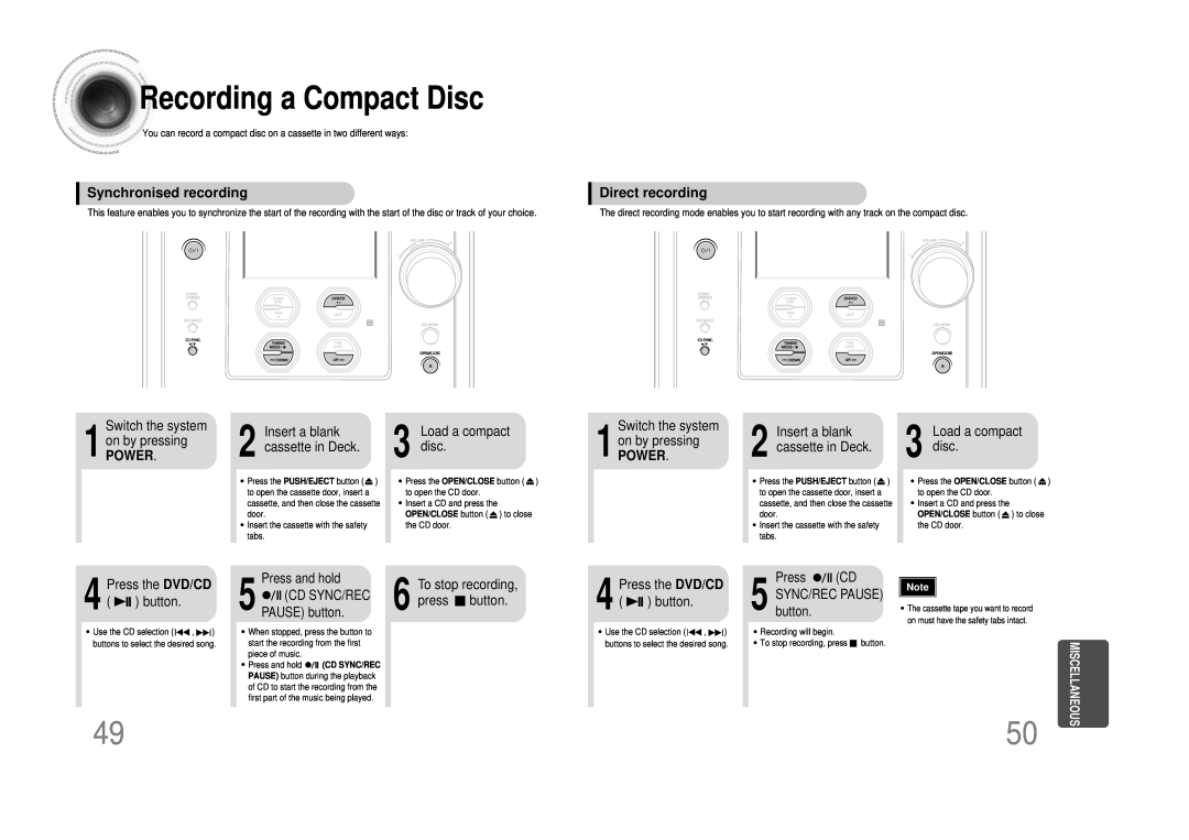 Samsung MM-DS80M instruction manual Recording a Compact Disc, Synchronised recording, Direct recording, Power 
