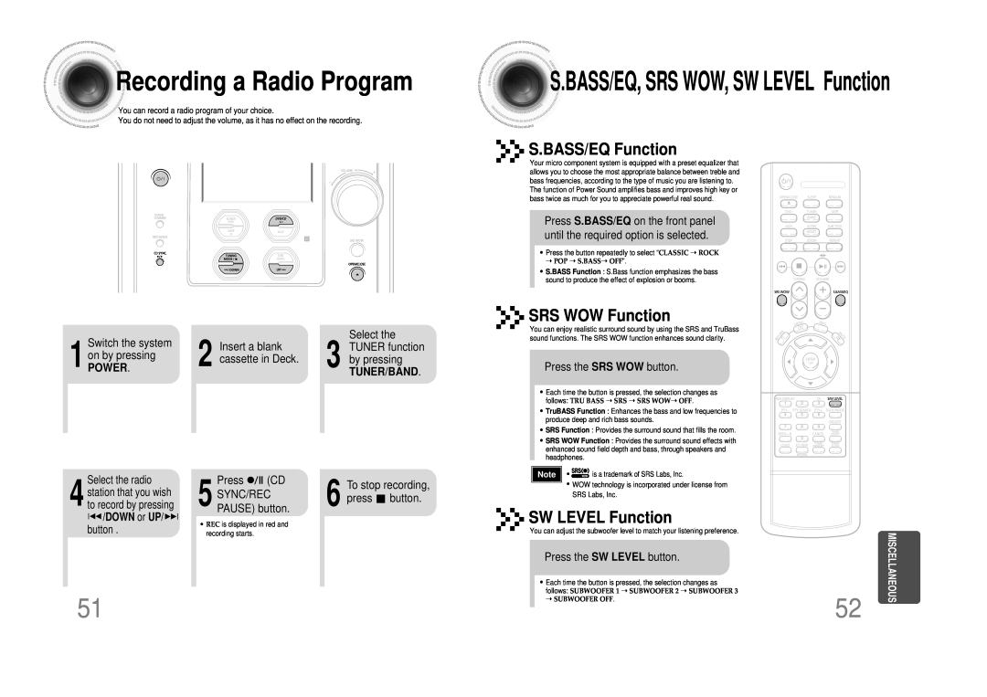 Samsung MM-DS80M Recording a Radio Program, S.BASS/EQ, SRS WOW, SW LEVEL Function, S.BASS/EQ Function, SRS WOW Function 