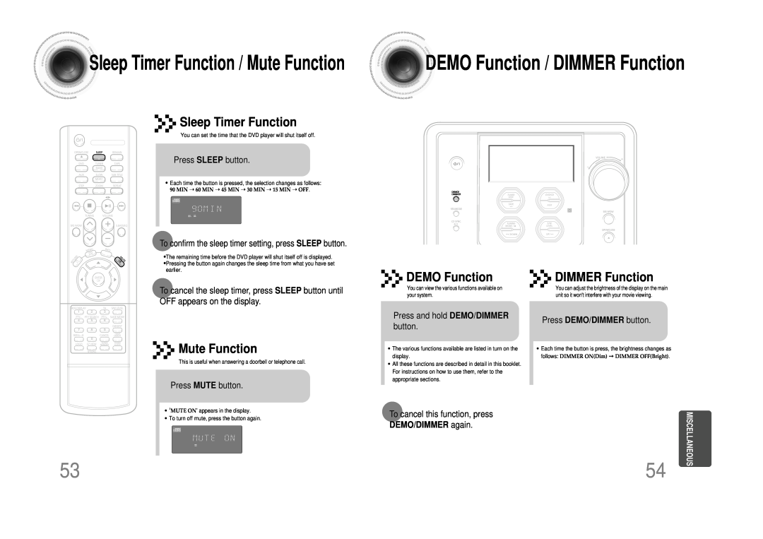 Samsung MM-DS80M Sleep Timer Function / Mute Function, DEMO Function, DIMMER Function, Press SLEEP button, Miscellaneous 