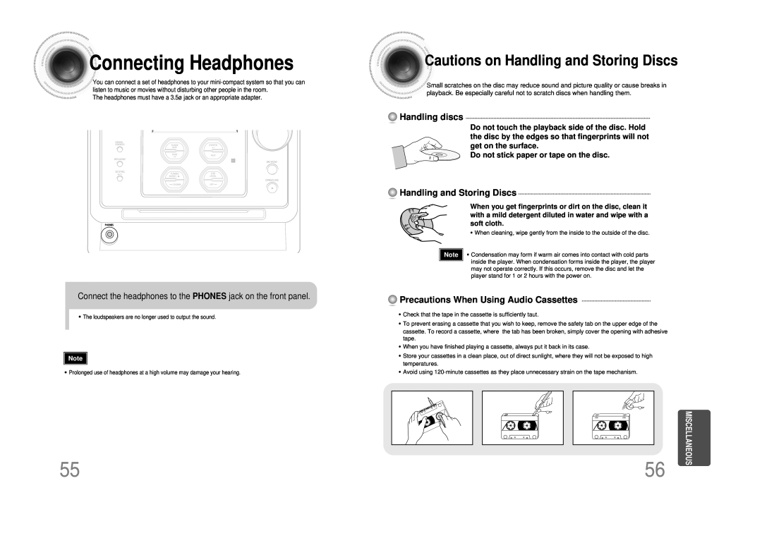 Samsung MM-DS80M Connecting Headphones, Cautions on Handling and Storing Discs, Handling discs, Miscellaneous 