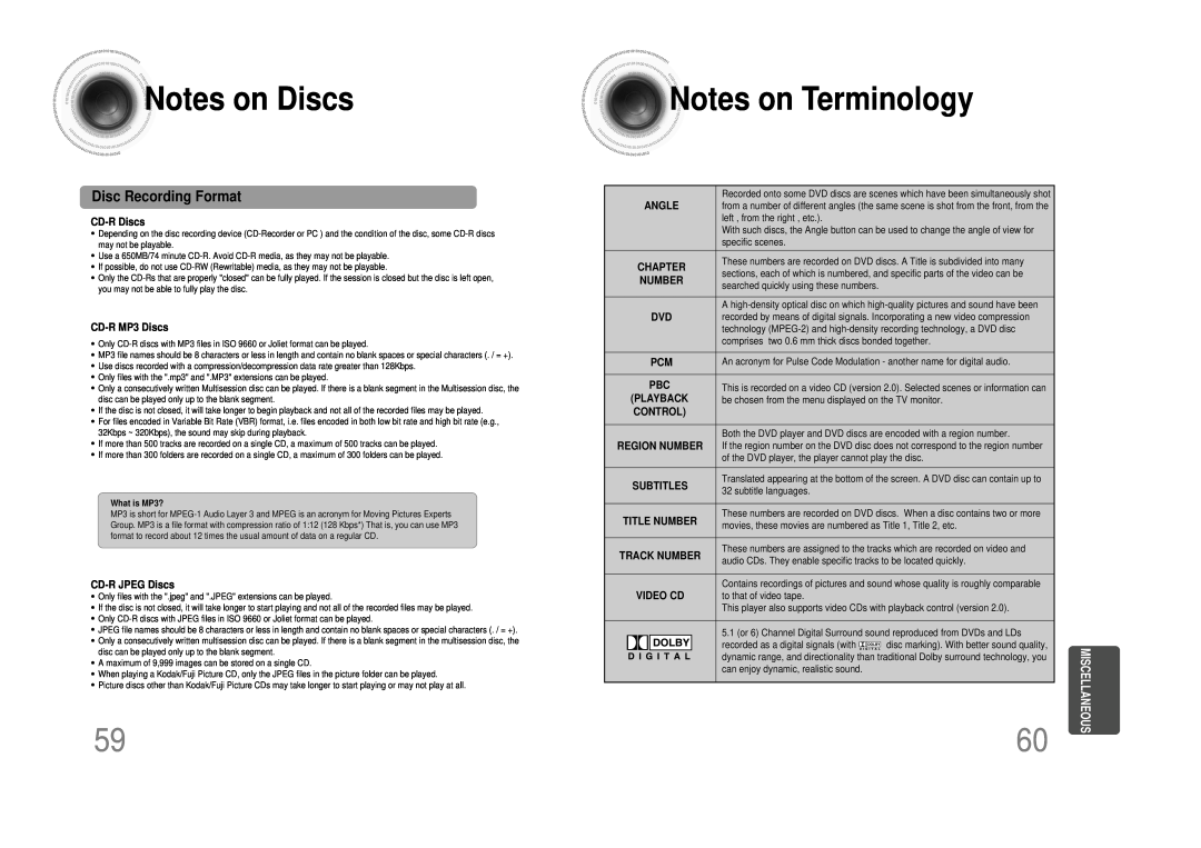 Samsung MM-DS80M Noteson Discs, Notes on Terminology, Disc Recording Format, CD-RDiscs, CD-RMP3 Discs, CD-RJPEG Discs 