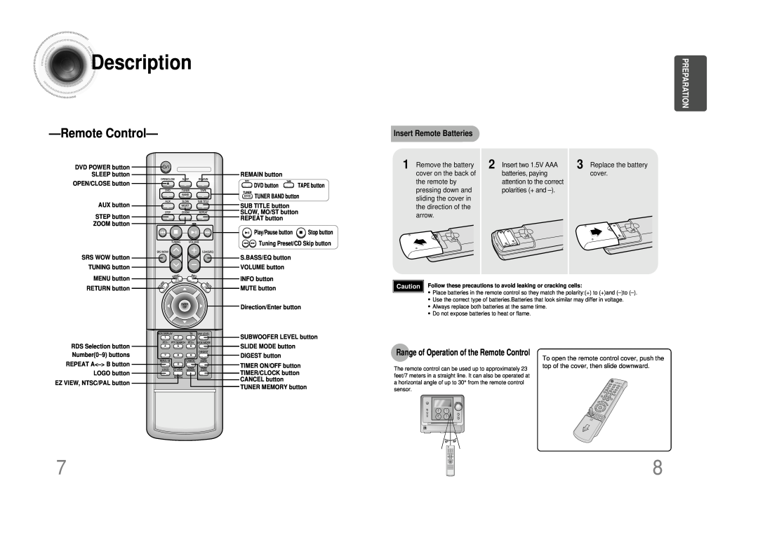 Samsung MM-DS80M instruction manual RemoteControl, Insert Remote Batteries, Description, Preparation 