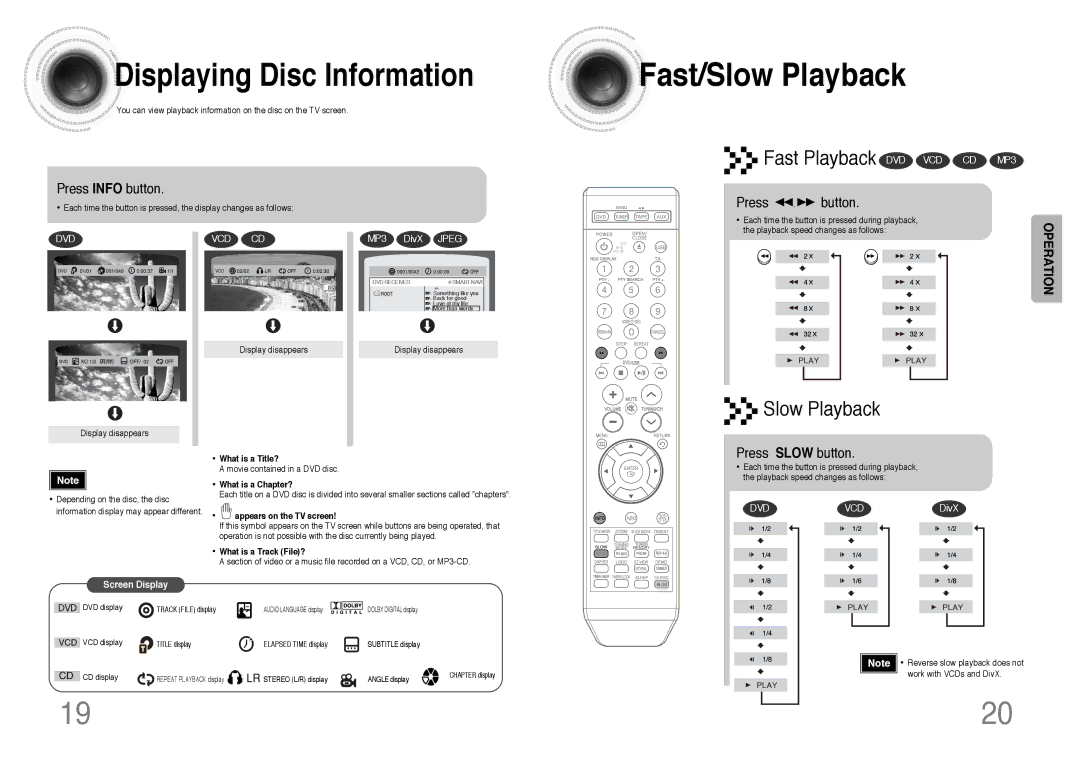 Samsung MM-DT8R/ELS manual Fast/Slow Playback, Displaying Disc Information, Fast Playback DVD VCD CD MP3 