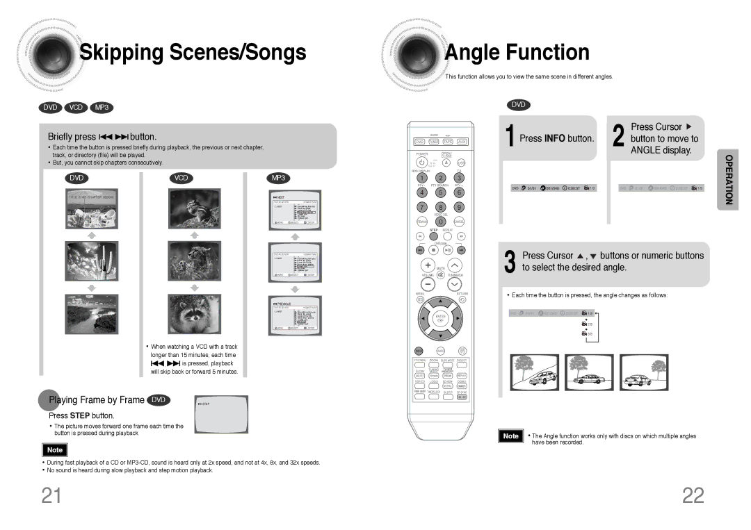 Samsung MM-DT8R/ELS manual Skipping Scenes/Songs, Angle Function, Briefly press button, Playing Frame by Frame DVD 