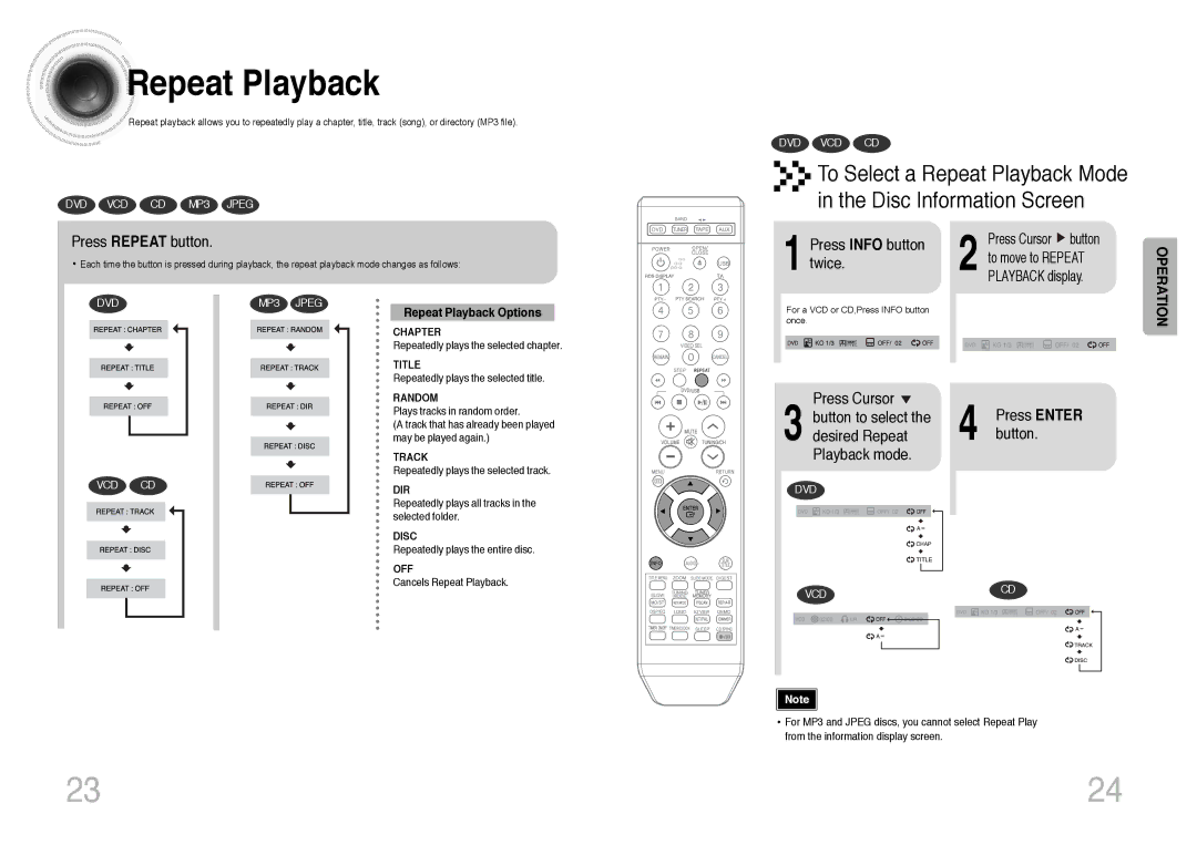 Samsung MM-DT8R/ELS manual To Select a Repeat Playback Mode Disc Information Screen, Press Repeat button 