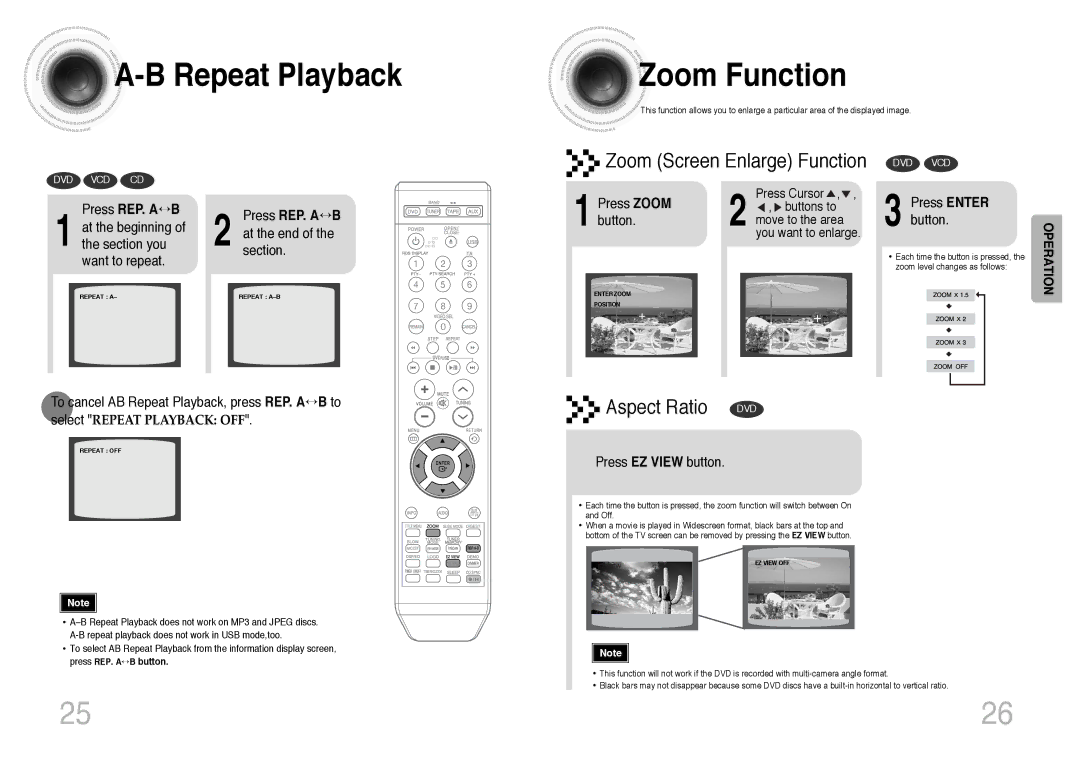 Samsung MM-DT8R/ELS manual Repeat Playback Zoom Function, Zoom Screen Enlarge Function, Aspect Ratio DVD, Press REP. A↔ B 