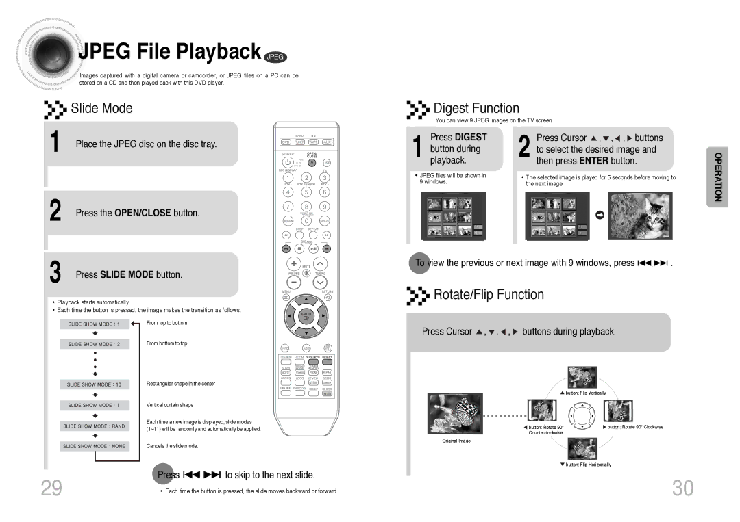 Samsung MM-DT8R/ELS manual Jpeg File Playback Jpeg, Slide Mode Digest Function, Rotate/Flip Function 