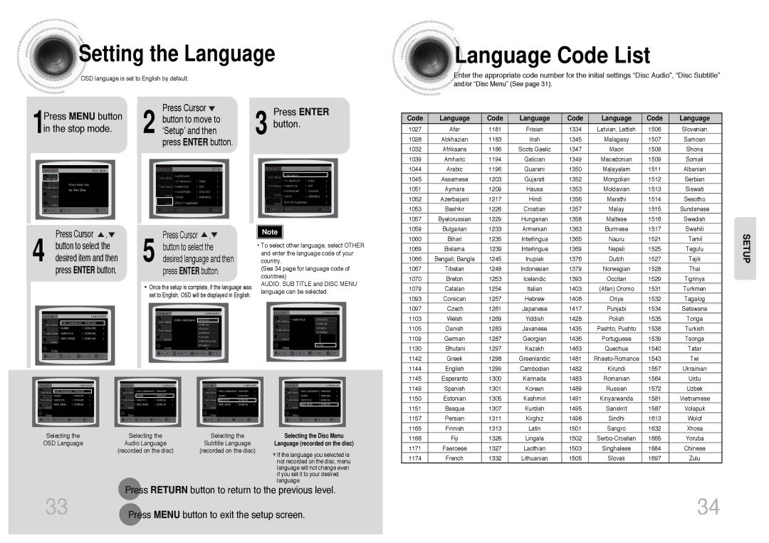 Samsung MM-DT8R/ELS manual Language Code List, Setting the Language, Stop mode, Press Menu button to exit the setup screen 