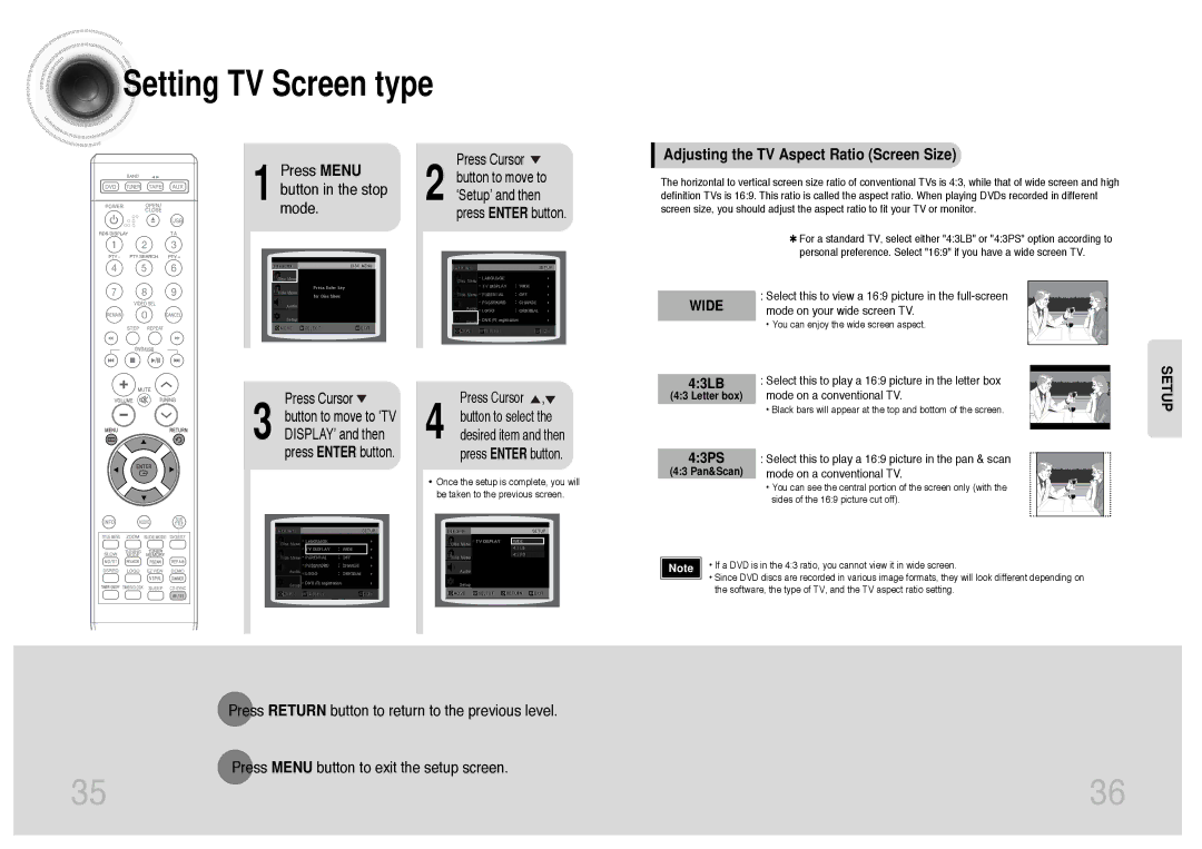 Samsung MM-DT8R/ELS manual Setting TV Screen type, Adjusting the TV Aspect Ratio Screen Size 