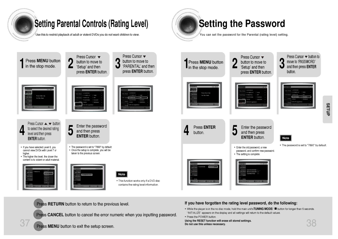 Samsung MM-DT8R/ELS manual Setting the Password, 1Press Menu button in the stop mode, 1Press Menu button Stop mode 