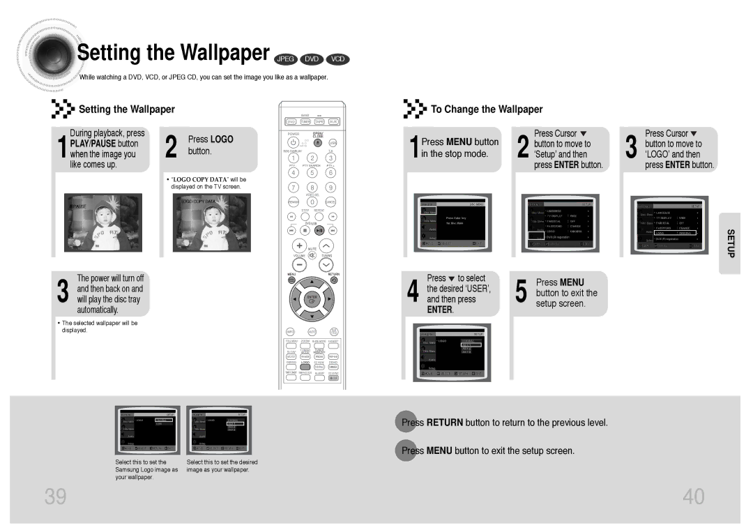 Samsung MM-DT8R/ELS manual Setting the Wallpaper Jpeg DVD VCD, Button, Press Menu, Setup screen 